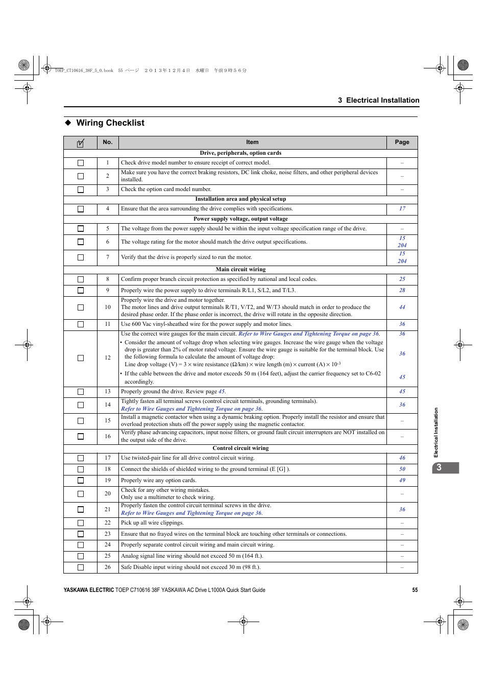 Wiring checklist | Yaskawa CIMR-LU Drives User Manual | Page 55 / 242