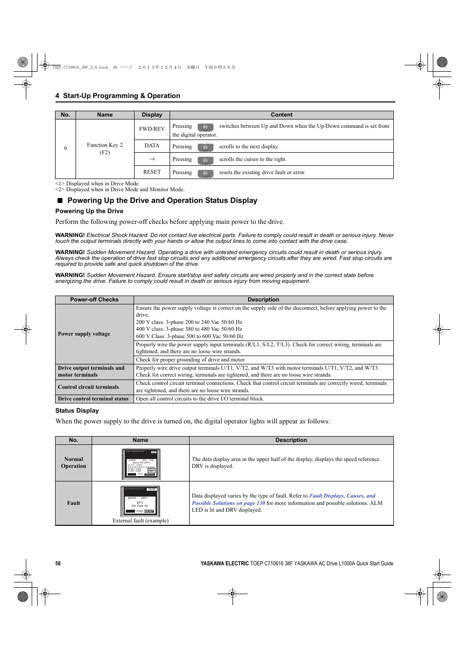 Powering up the drive and operation status display, 4 start-up programming & operation | Yaskawa CIMR-LU Drives User Manual | Page 58 / 242