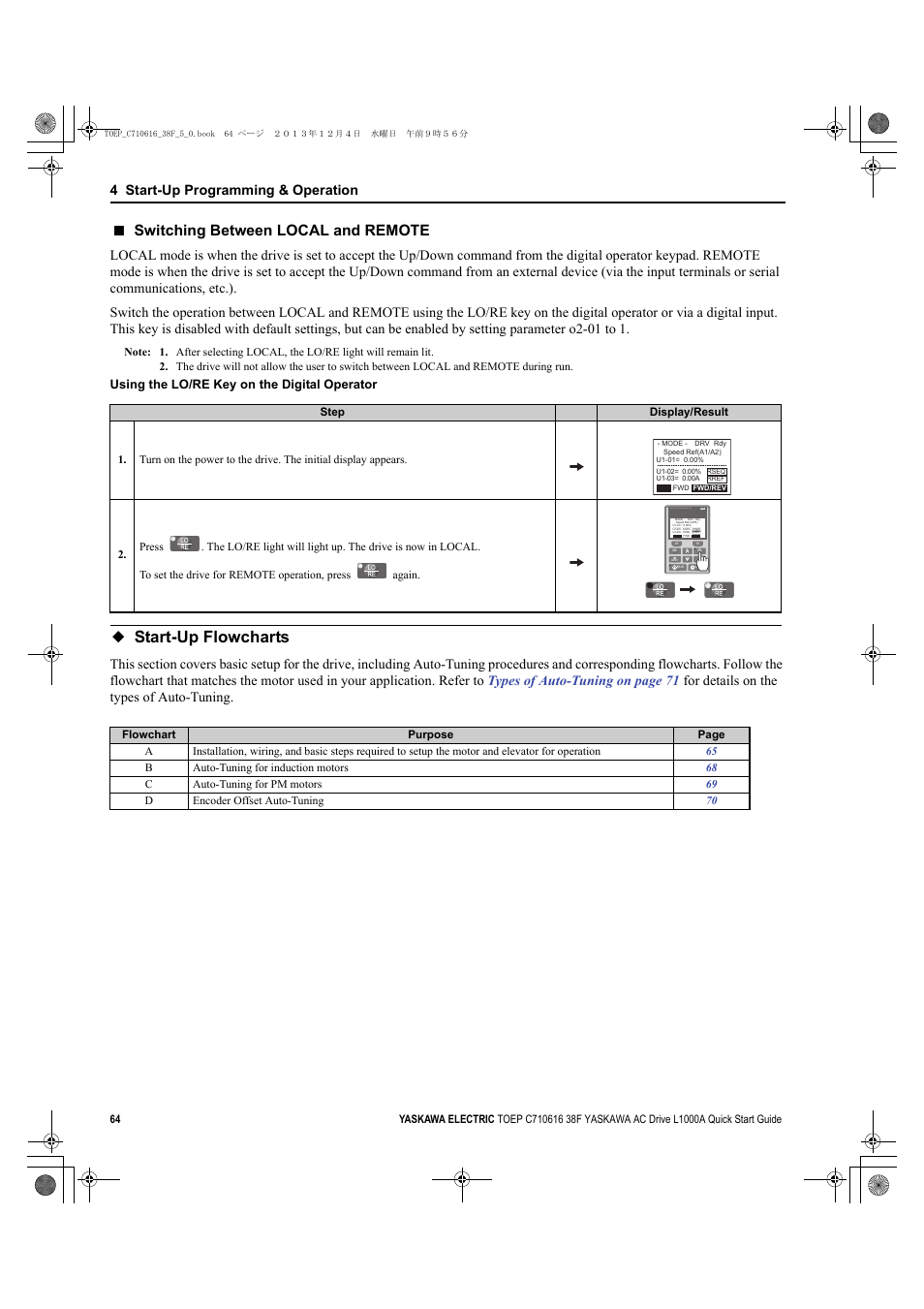 Start-up flowcharts, Switching between local and remote, 4 start-up programming & operation | For details on the types of auto-tuning, Digital operator jvop-180, Using the lo/re key on the digital operator | Yaskawa CIMR-LU Drives User Manual | Page 64 / 242