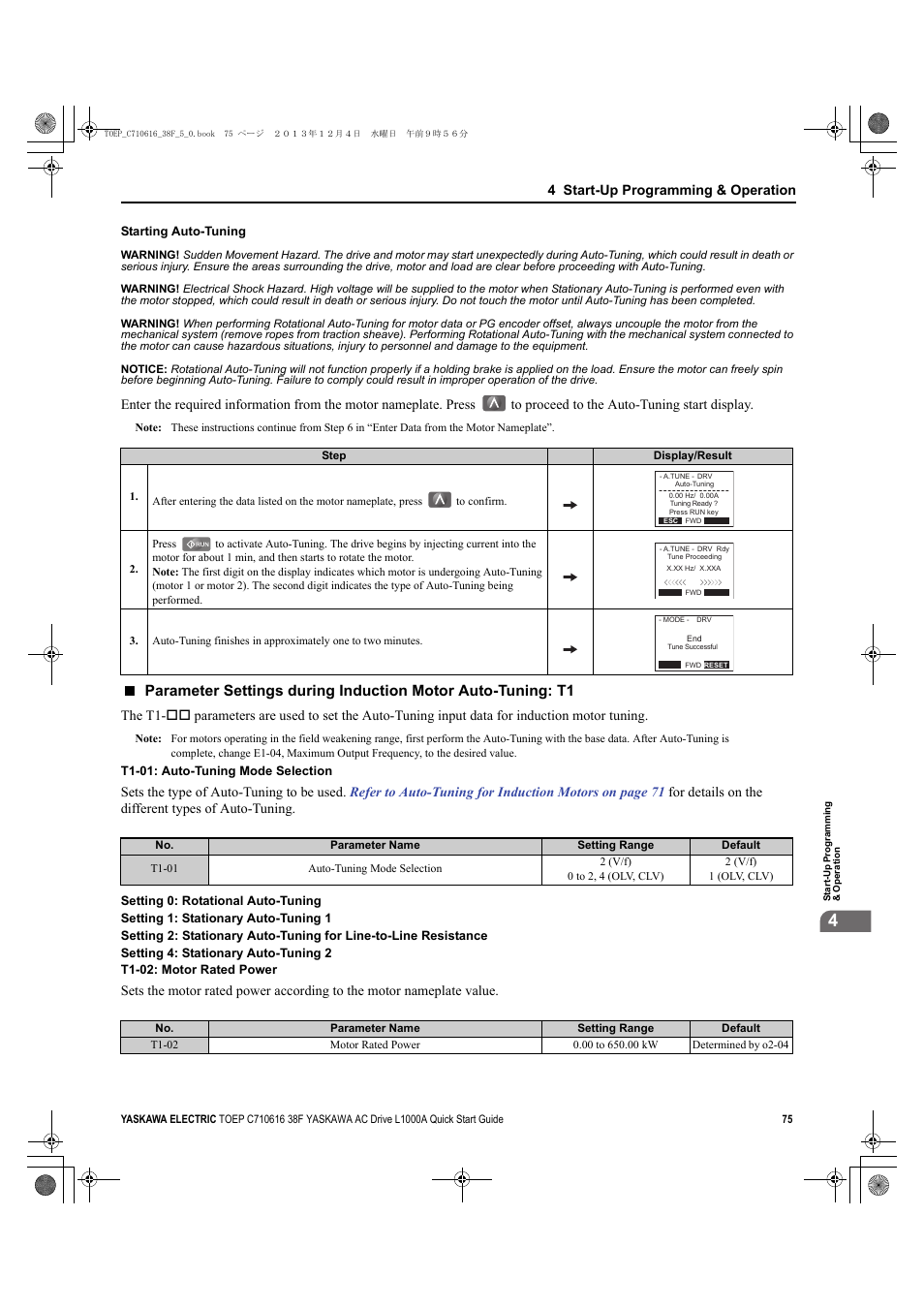 4 start-up programming & operation | Yaskawa CIMR-LU Drives User Manual | Page 75 / 242