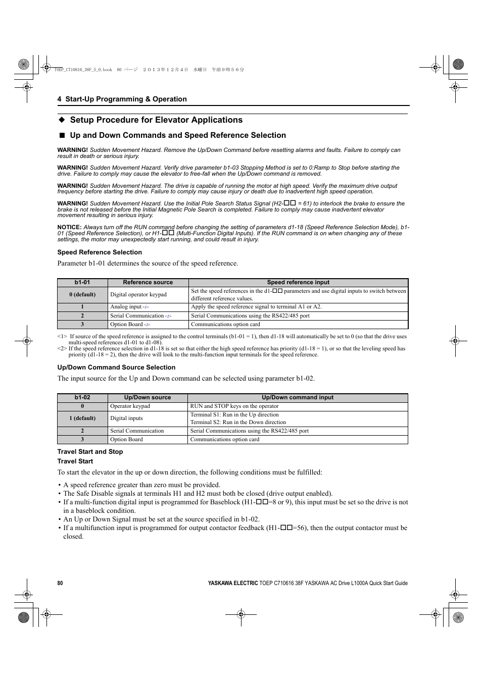 Setup procedure for elevator applications, Up and down commands and speed reference selection | Yaskawa CIMR-LU Drives User Manual | Page 80 / 242