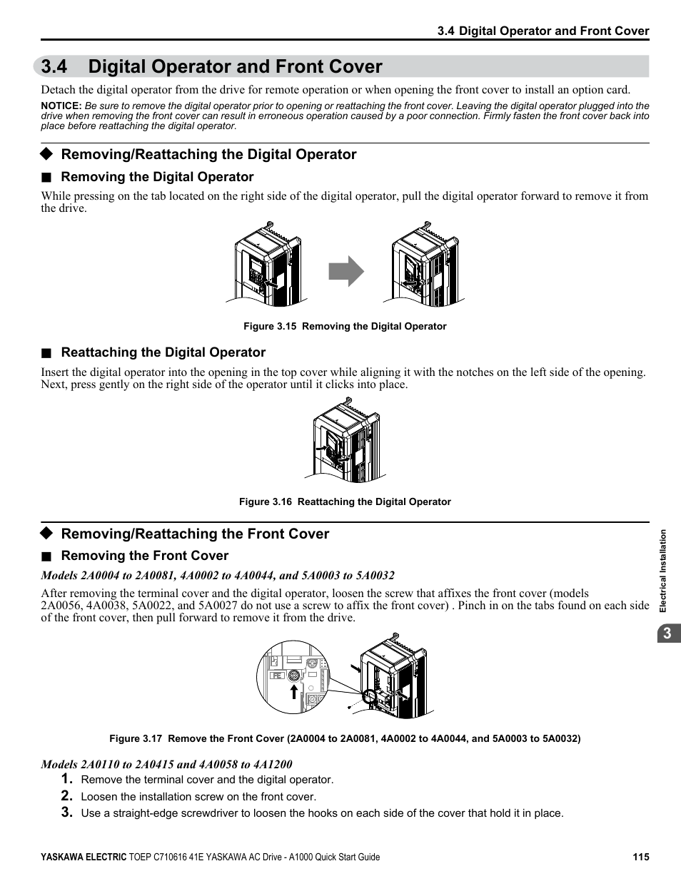 4 digital operator and front cover, Removing/reattaching the digital operator, Removing/reattaching the front cover | Digital operator and front cover | Yaskawa CIMR-AU 200V Drives User Manual | Page 115 / 374