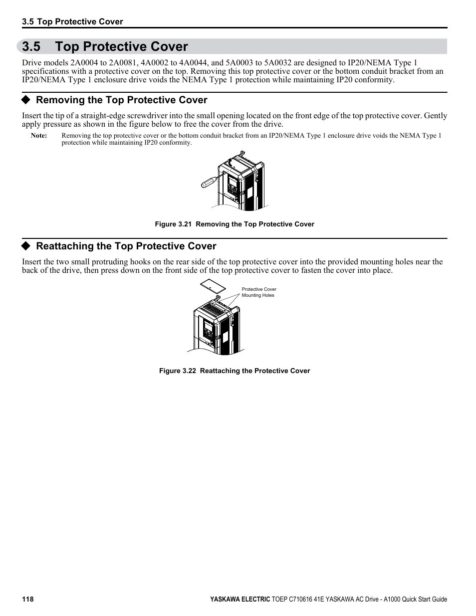 5 top protective cover, Removing the top protective cover, Reattaching the top protective cover | Top protective cover | Yaskawa CIMR-AU 200V Drives User Manual | Page 118 / 374