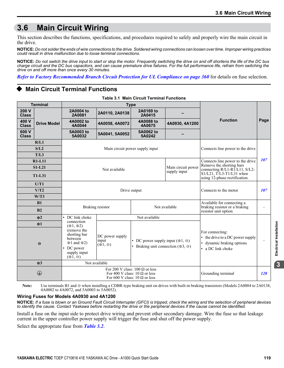 6 main circuit wiring, Main circuit terminal functions, Main circuit wiring | Yaskawa CIMR-AU 200V Drives User Manual | Page 119 / 374