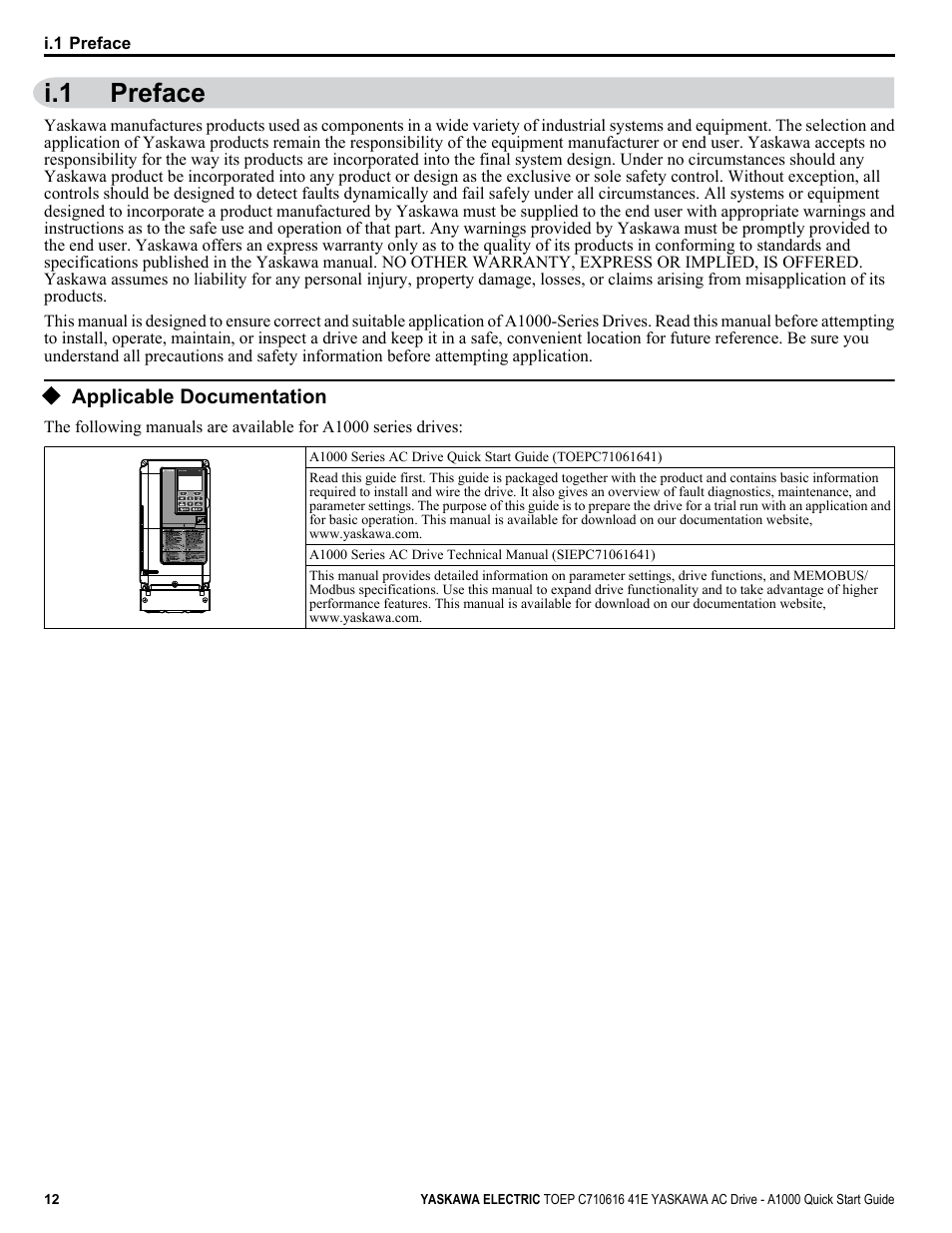I.1 preface, Applicable documentation, Preface | Yaskawa CIMR-AU 200V Drives User Manual | Page 12 / 374