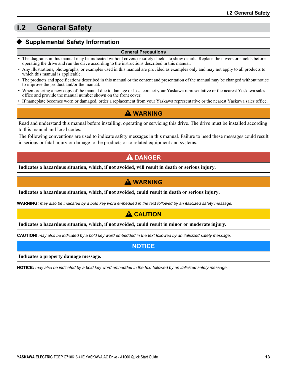 I.2 general safety, Supplemental safety information, General safety | Yaskawa CIMR-AU 200V Drives User Manual | Page 13 / 374