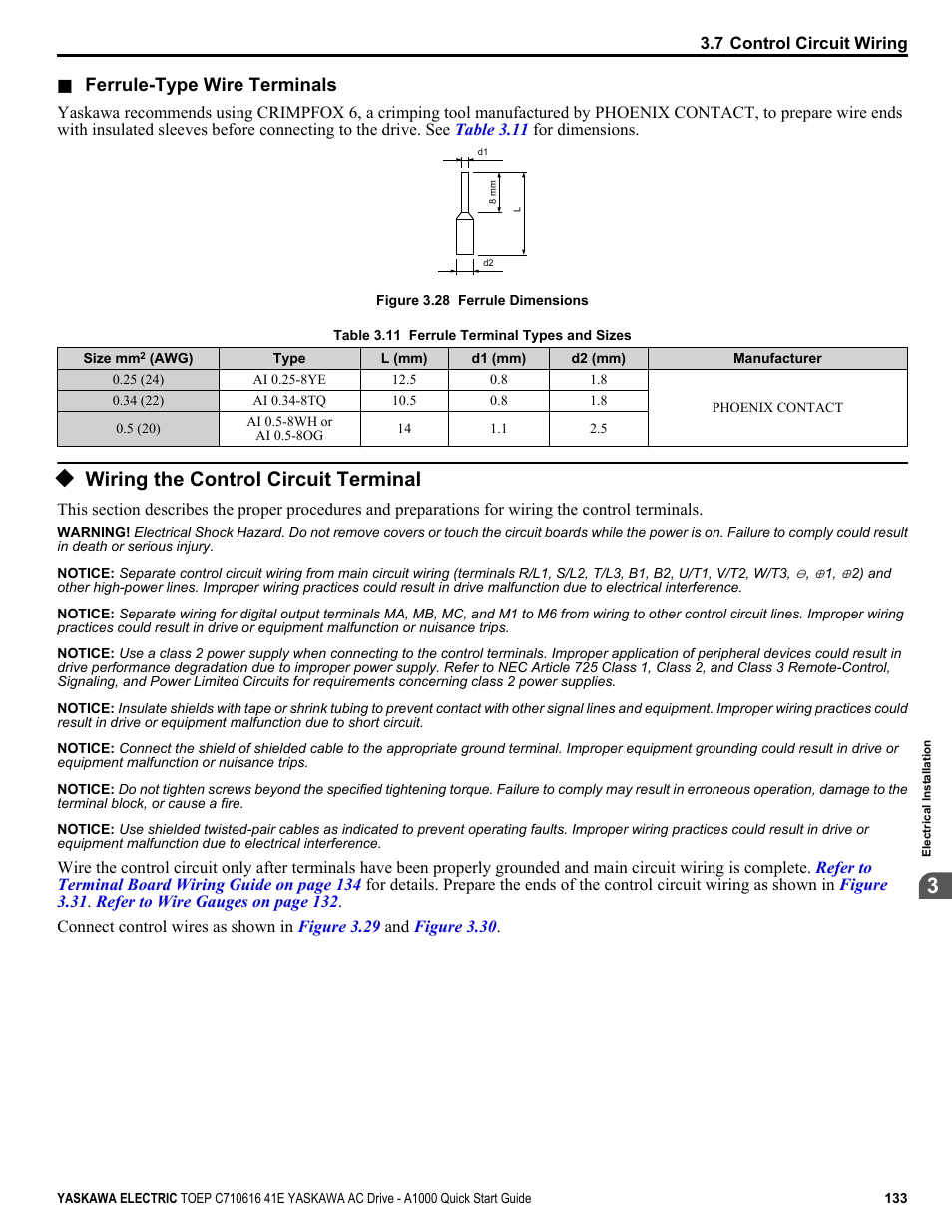 Wiring the control circuit terminal, For details on wiring, Ends. refer to | Table 3.11 | Yaskawa CIMR-AU 200V Drives User Manual | Page 133 / 374