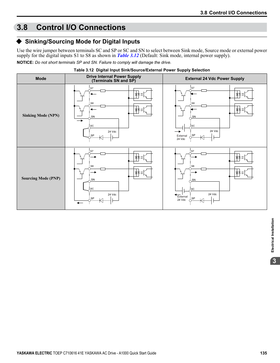8 control i/o connections, Sinking/sourcing mode for digital inputs, Control i/o connections | Refer to | Yaskawa CIMR-AU 200V Drives User Manual | Page 135 / 374