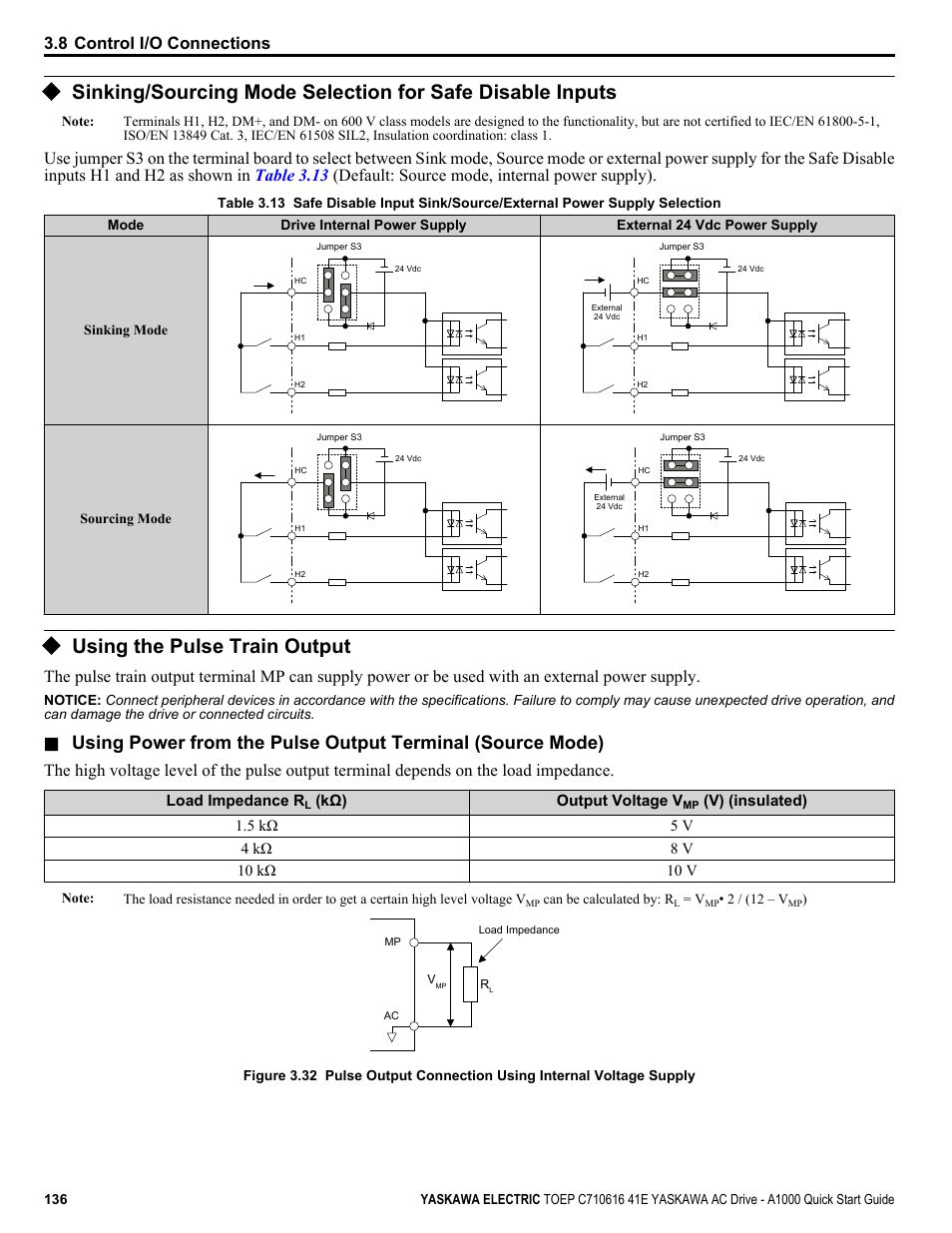 Using the pulse train output, 8 control i/o connections | Yaskawa CIMR-AU 200V Drives User Manual | Page 136 / 374