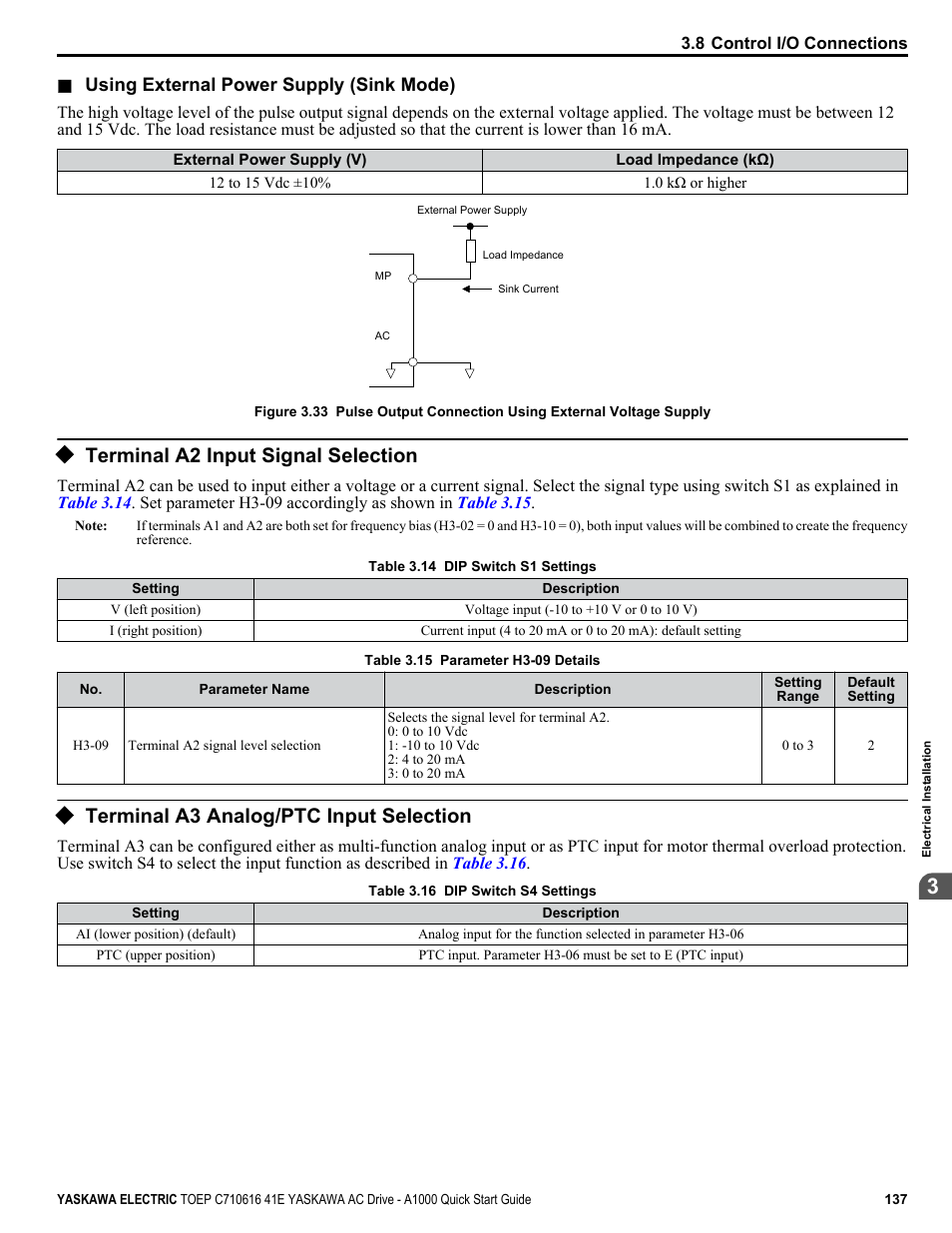 Terminal a2 input signal selection, Terminal a3 analog/ptc input selection | Yaskawa CIMR-AU 200V Drives User Manual | Page 137 / 374