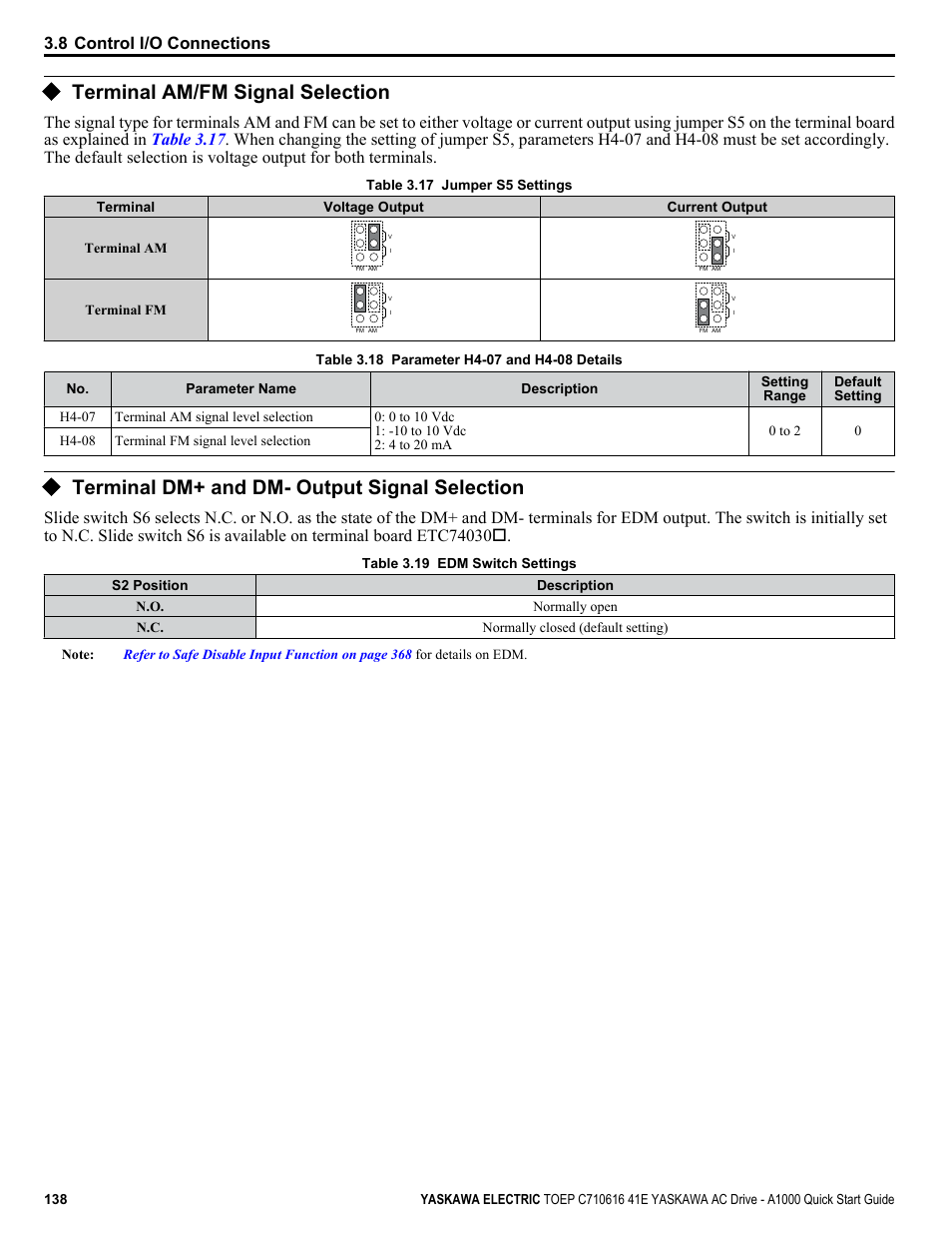 Terminal am/fm signal selection, Terminal dm+ and dm- output signal selection, Refer to terminal | 8 control i/o connections | Yaskawa CIMR-AU 200V Drives User Manual | Page 138 / 374