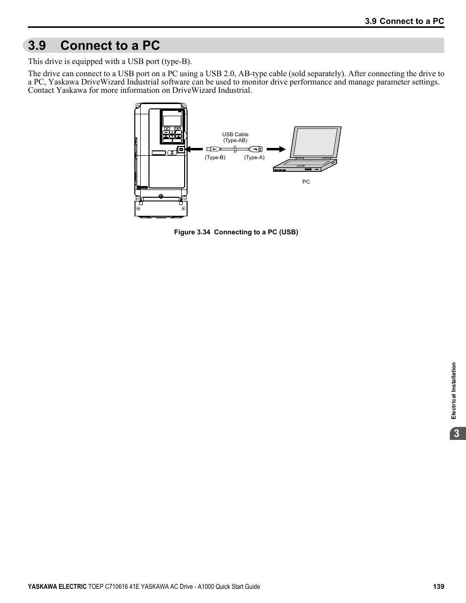 9 connect to a pc, Connect to a pc | Yaskawa CIMR-AU 200V Drives User Manual | Page 139 / 374