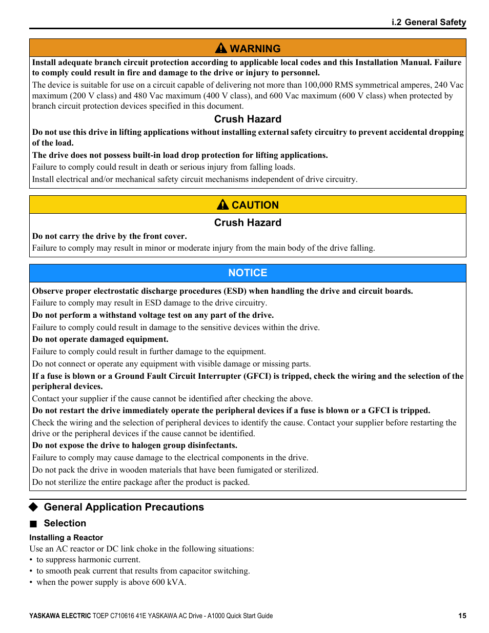 General application precautions | Yaskawa CIMR-AU 200V Drives User Manual | Page 15 / 374