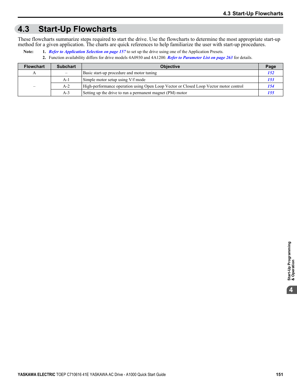 3 start-up flowcharts, Start-up flowcharts | Yaskawa CIMR-AU 200V Drives User Manual | Page 151 / 374