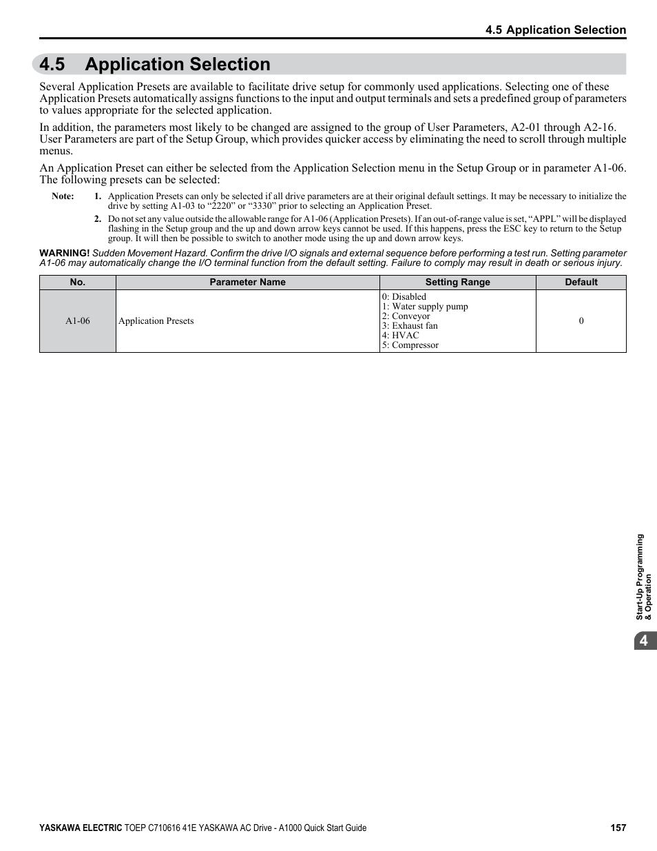 5 application selection, Refer to application selection on, Application selection | Yaskawa CIMR-AU 200V Drives User Manual | Page 157 / 374