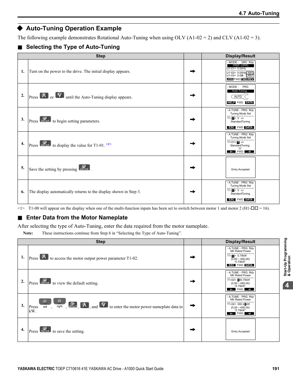 Auto-tuning operation example, Selecting the type of auto-tuning, Enter data from the motor nameplate | 7 auto-tuning, Press or until the auto-tuning display appears, Press to begin setting parameters, Press to display the value for t1-01, Save the setting by pressing, Press to view the default setting, Press | Yaskawa CIMR-AU 200V Drives User Manual | Page 191 / 374