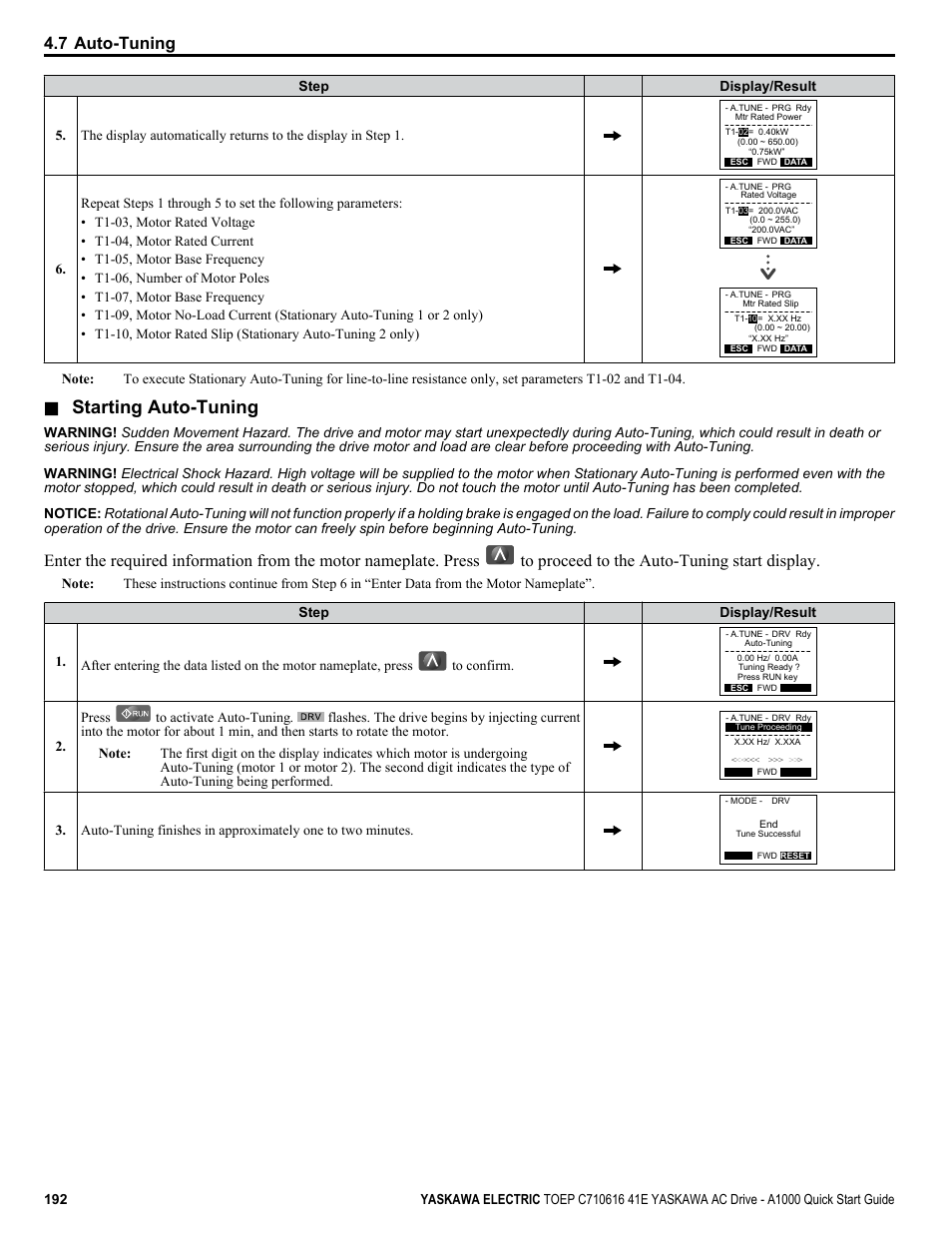 Starting auto-tuning, 7 auto-tuning | Yaskawa CIMR-AU 200V Drives User Manual | Page 192 / 374