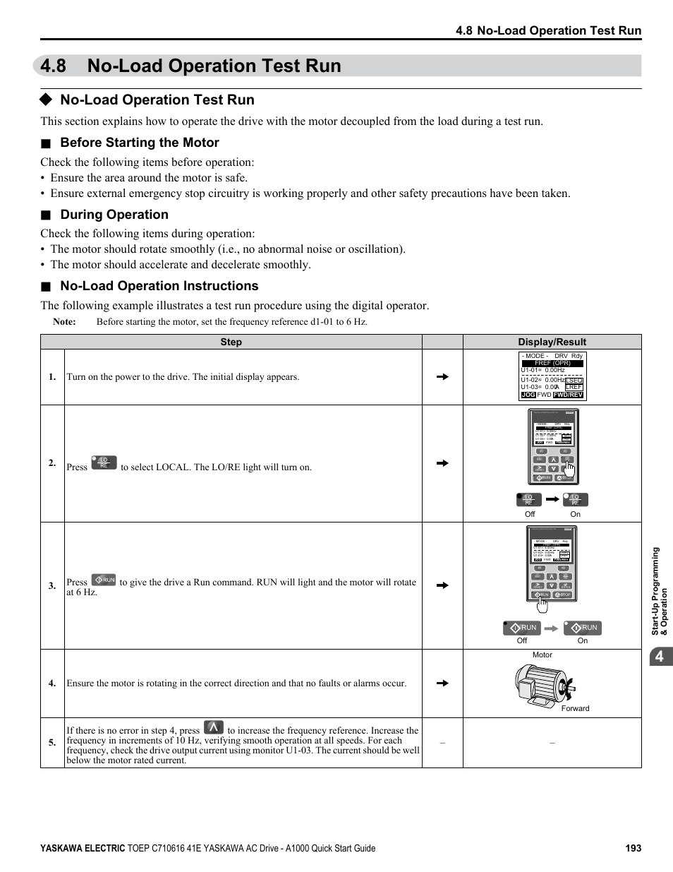 8 no-load operation test run, No-load operation test run, Before starting the motor | During operation, No-load operation instructions | Yaskawa CIMR-AU 200V Drives User Manual | Page 193 / 374