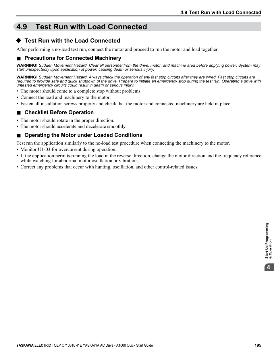 9 test run with load connected, Test run with the load connected, Test run with load connected | Yaskawa CIMR-AU 200V Drives User Manual | Page 195 / 374