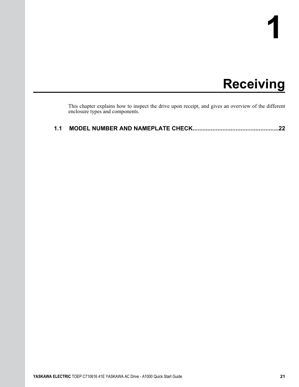 1 receiving, Receiving | Yaskawa CIMR-AU 200V Drives User Manual | Page 21 / 374