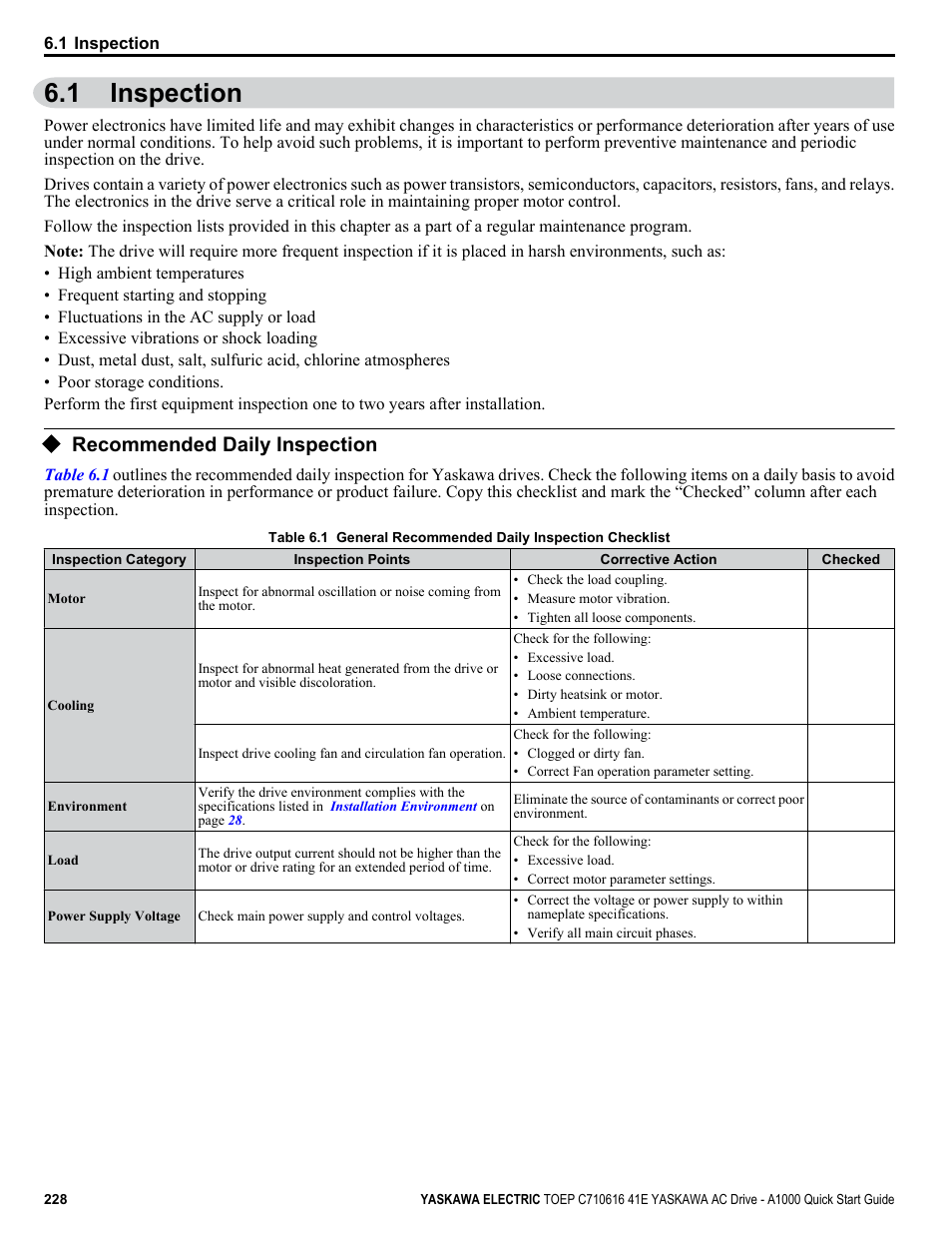 1 inspection, Recommended daily inspection, Inspection | Yaskawa CIMR-AU 200V Drives User Manual | Page 228 / 374