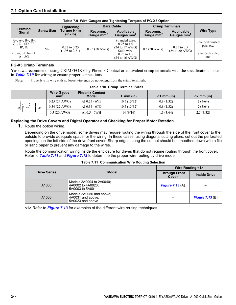 Refer to wire gauges and tightening, Wire gauge and torque specifications are listed in, Table 7.9 | Yaskawa CIMR-AU 200V Drives User Manual | Page 244 / 374