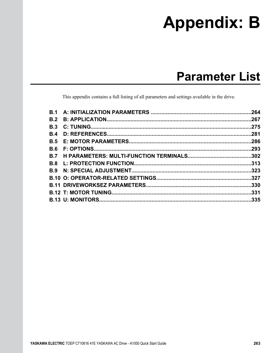 Appendix: b parameter list, B. parameter list, Considering derating | For details, Appendix: b, Parameter list | Yaskawa CIMR-AU 200V Drives User Manual | Page 263 / 374