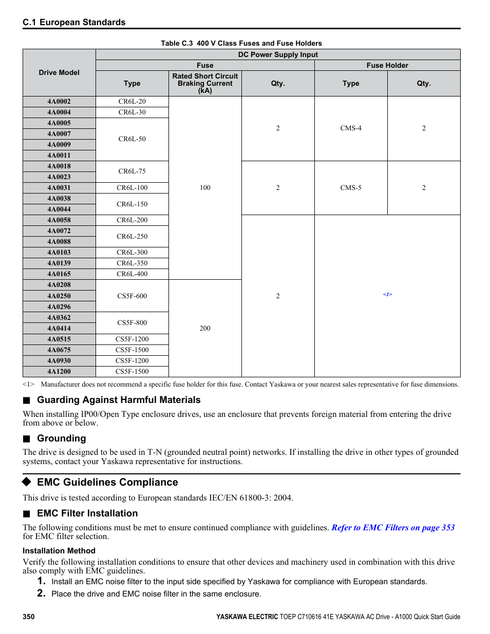 Emc guidelines compliance | Yaskawa CIMR-AU 200V Drives User Manual | Page 350 / 374