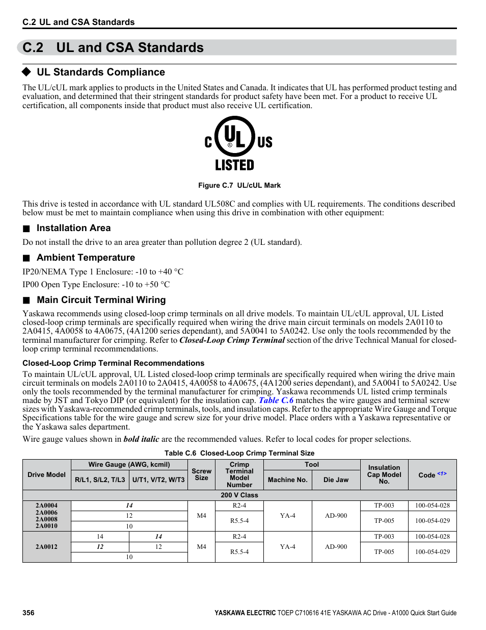 C.2 ul and csa standards, Ul standards compliance, Crimping | Yaskawa CIMR-AU 200V Drives User Manual | Page 356 / 374