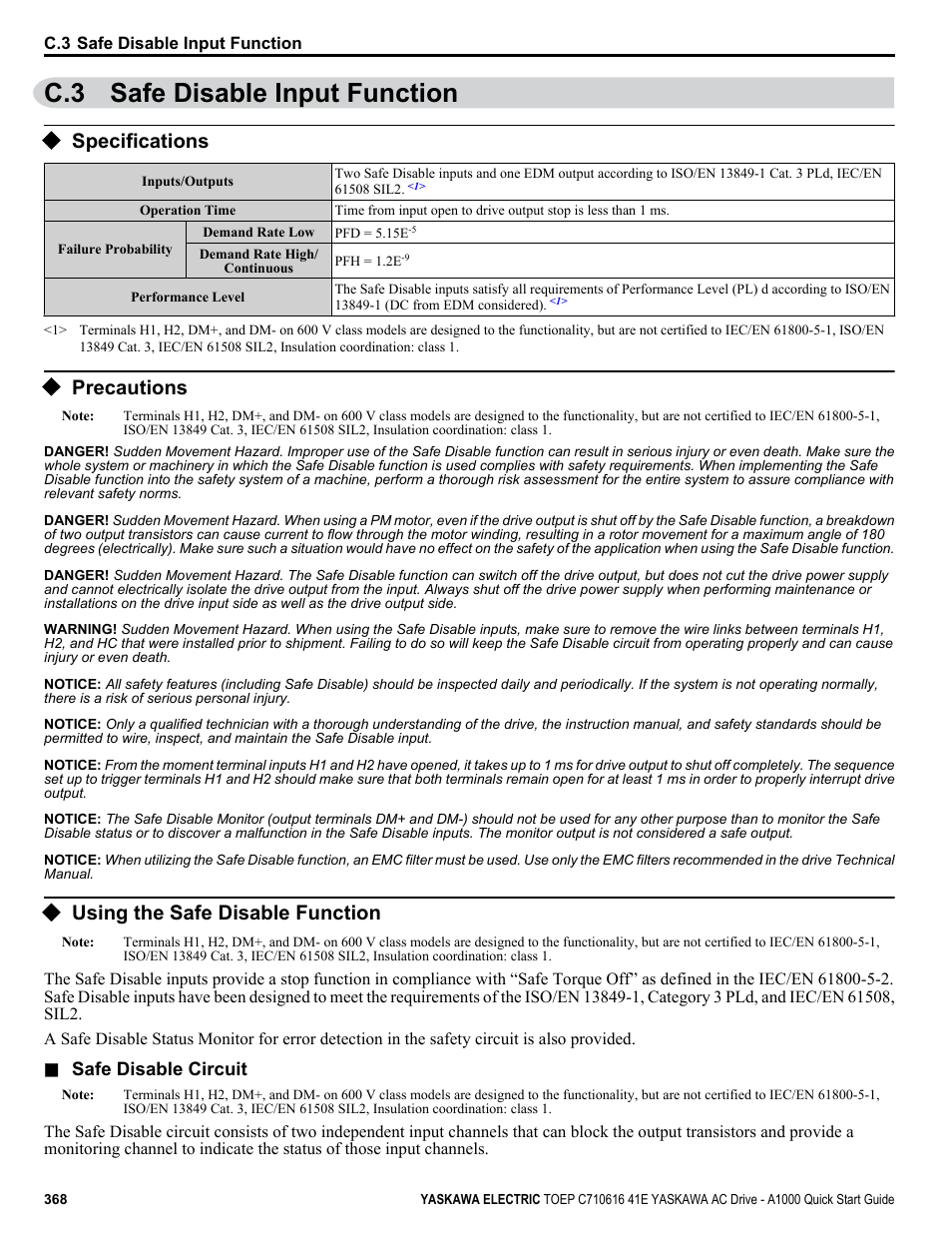 C.3 safe disable input function, Specifications, Precautions | Using the safe disable function, For details on edm | Yaskawa CIMR-AU 200V Drives User Manual | Page 368 / 374