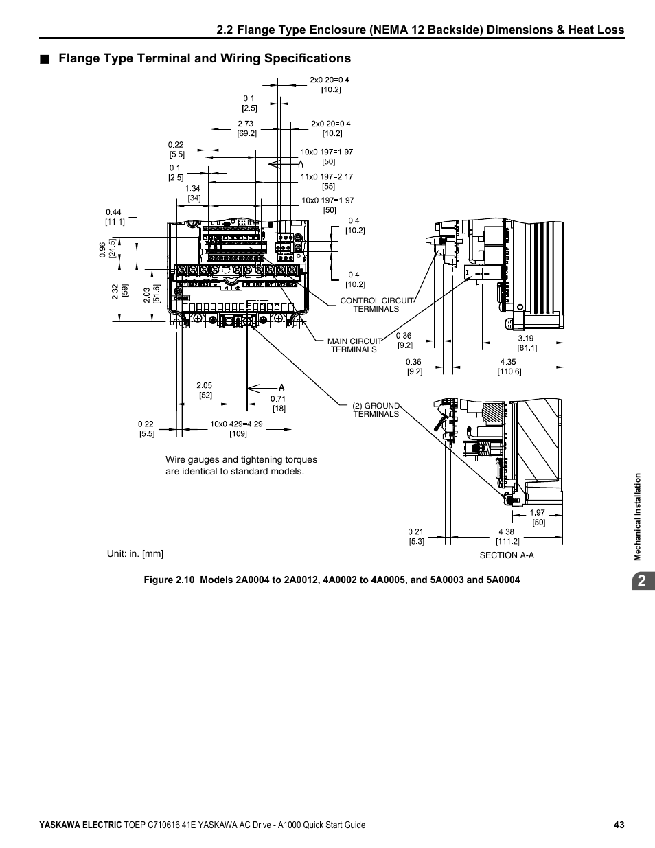 Flange type terminal and wiring specifications | Yaskawa CIMR-AU 200V Drives User Manual | Page 43 / 374