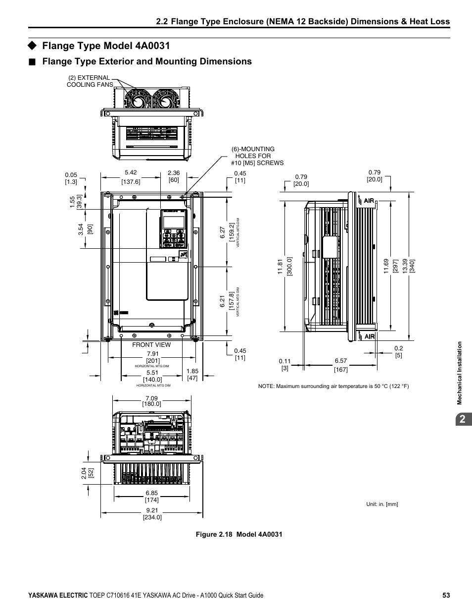 Flange type model 4a0031, Flange type exterior and mounting dimensions | Yaskawa CIMR-AU 200V Drives User Manual | Page 53 / 374