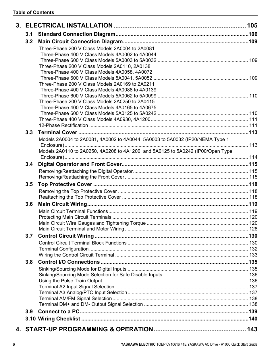 Electrical installation, Start-up programming & operation | Yaskawa CIMR-AU 200V Drives User Manual | Page 6 / 374