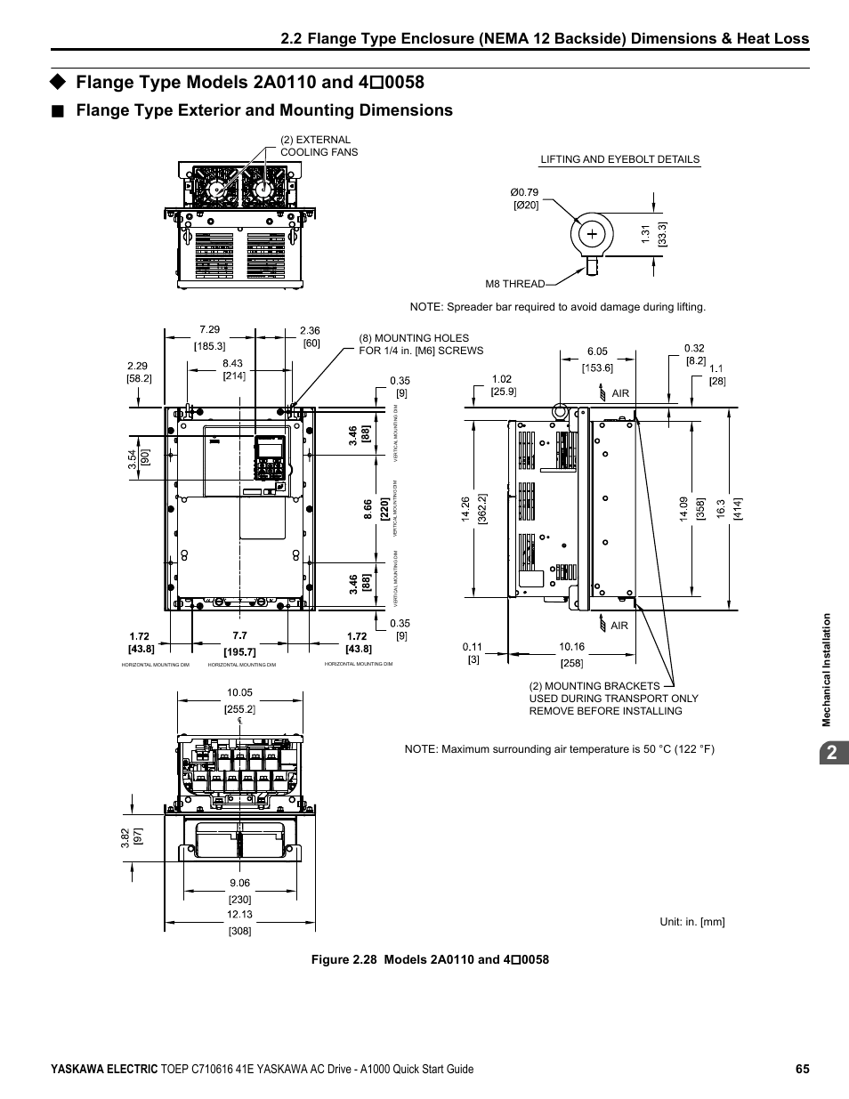 Flange type models 2a0110 and 4*0058, Flange type models 2a0110 and 4o0058, Flange type exterior and mounting dimensions | Yaskawa CIMR-AU 200V Drives User Manual | Page 65 / 374