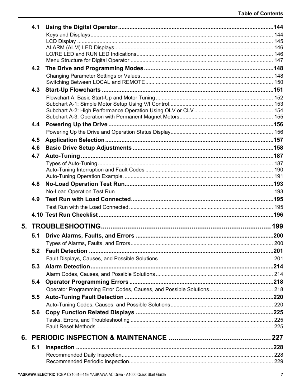 Troubleshooting, Periodic inspection & maintenance | Yaskawa CIMR-AU 200V Drives User Manual | Page 7 / 374
