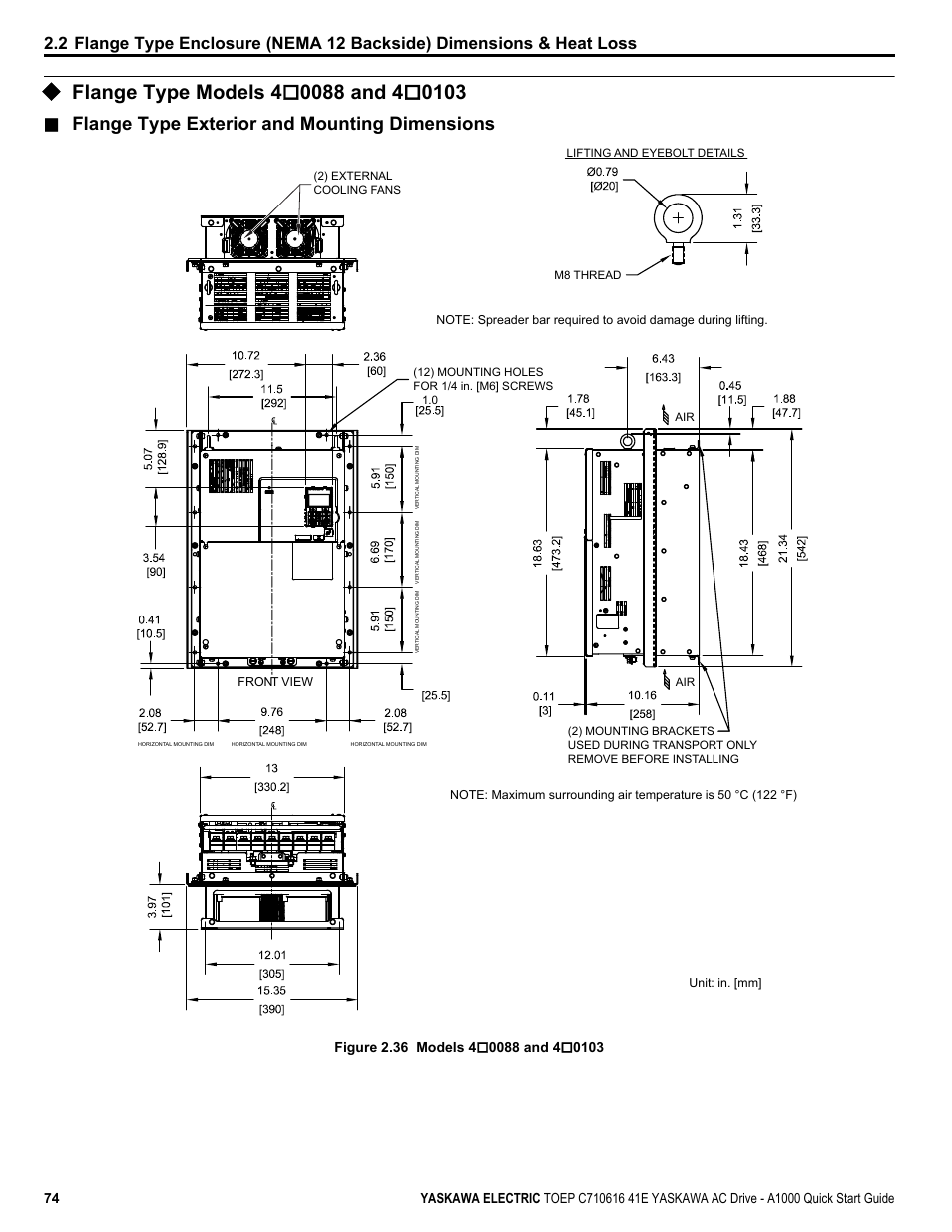 Flange type models 4*0088 and 4*0103, Flange type models 4o0088 and 4o0103, Flange type exterior and mounting dimensions | Yaskawa CIMR-AU 200V Drives User Manual | Page 74 / 374