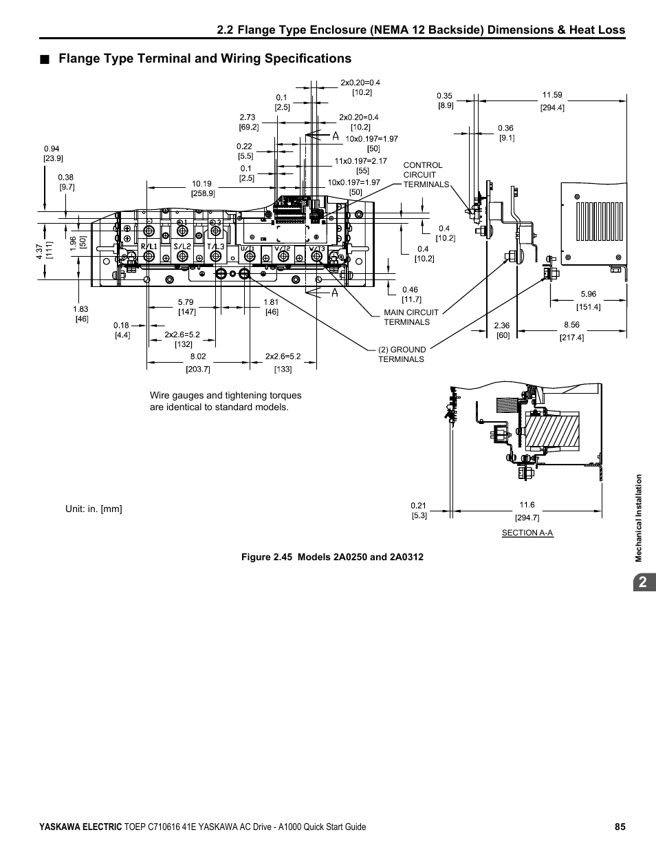 Flange type terminal and wiring specifications | Yaskawa CIMR-AU 200V Drives User Manual | Page 85 / 374