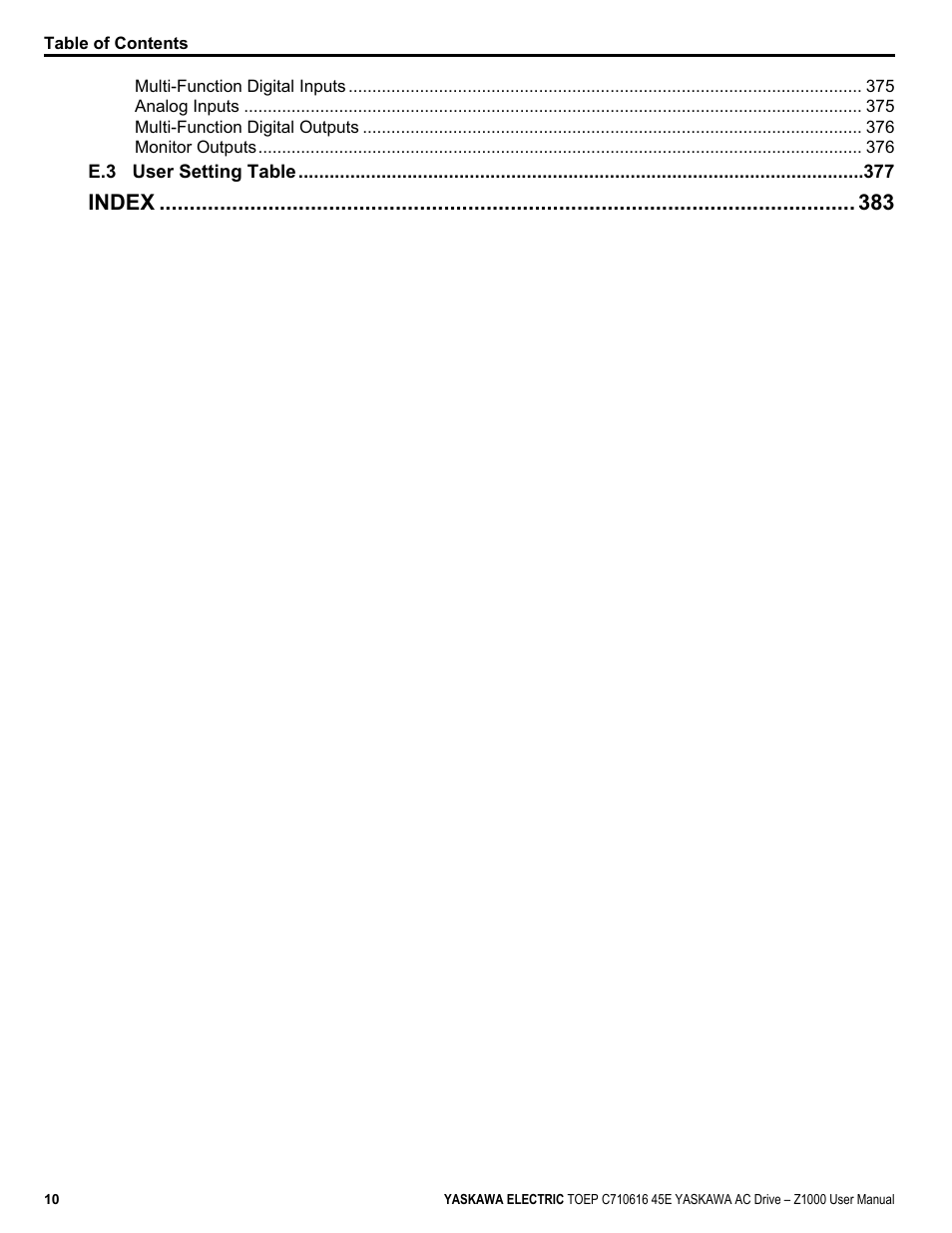 Index | Yaskawa AC Drive Z1000 User Manual | Page 10 / 395
