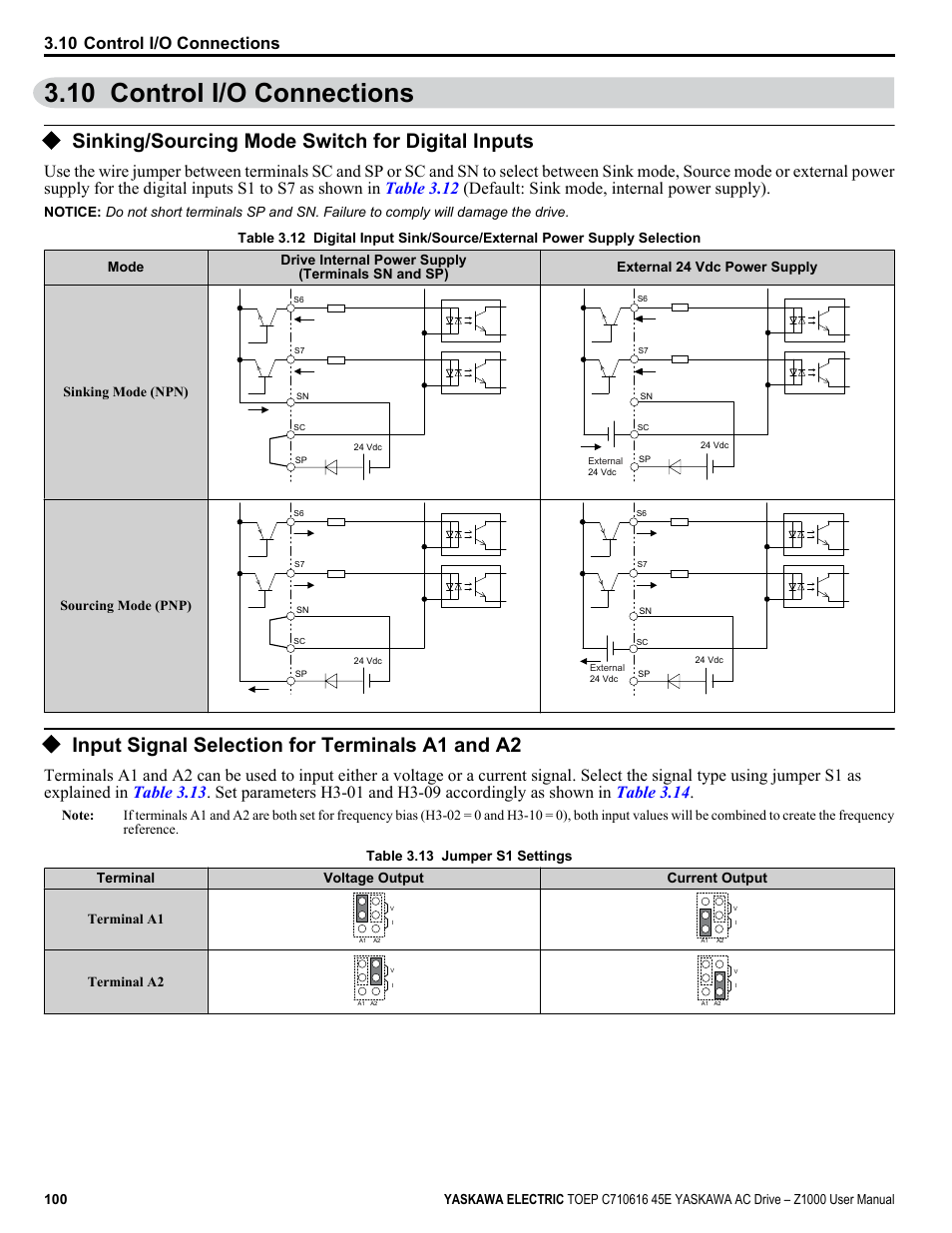 10 control i/o connections, Sinking/sourcing mode switch for digital inputs, Input signal selection for terminals a1 and a2 | Refer to sinking/sourcing mode switch for, Shows the location of these switches | Yaskawa AC Drive Z1000 User Manual | Page 100 / 395