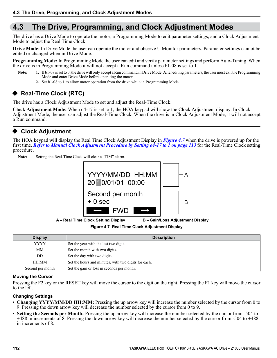 Real-time clock (rtc), Clock adjustment, The drive, programming, and clock adjustment modes | Yaskawa AC Drive Z1000 User Manual | Page 112 / 395