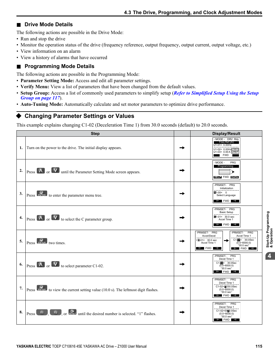 Changing parameter settings or values, Drive mode details, Programming mode details | Yaskawa AC Drive Z1000 User Manual | Page 115 / 395