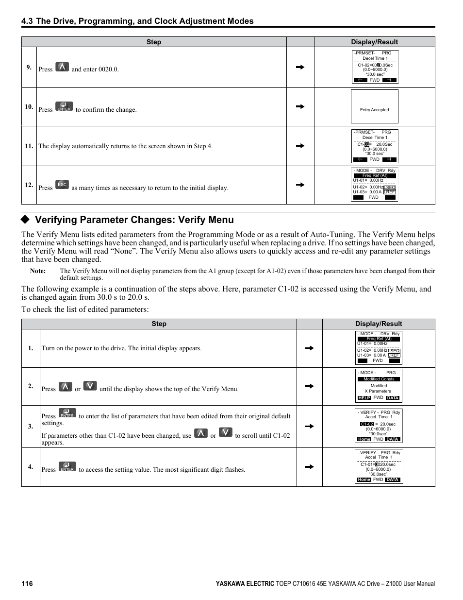 Verifying parameter changes: verify menu | Yaskawa AC Drive Z1000 User Manual | Page 116 / 395