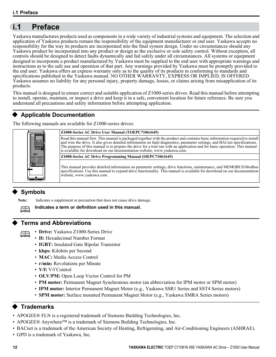 I.1 preface, Applicable documentation, Symbols | Terms and abbreviations, Trademarks, Preface | Yaskawa AC Drive Z1000 User Manual | Page 12 / 395