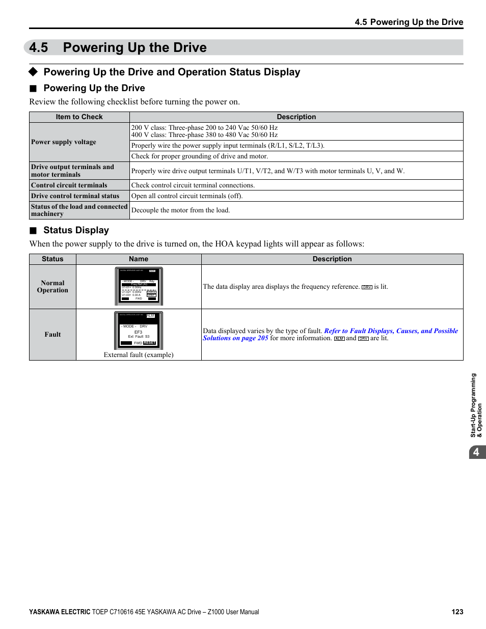 5 powering up the drive, Powering up the drive and operation status display, Powering up the drive | Status display | Yaskawa AC Drive Z1000 User Manual | Page 123 / 395