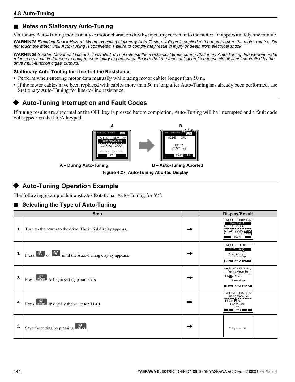 Auto-tuning interruption and fault codes, Auto-tuning operation example, Selecting the type of auto-tuning | 8 auto-tuning, Stationary auto-tuning for line-to-line resistance, Press or until the auto-tuning display appears, Press to begin setting parameters, Press to display the value for t1-01, Save the setting by pressing | Yaskawa AC Drive Z1000 User Manual | Page 144 / 395