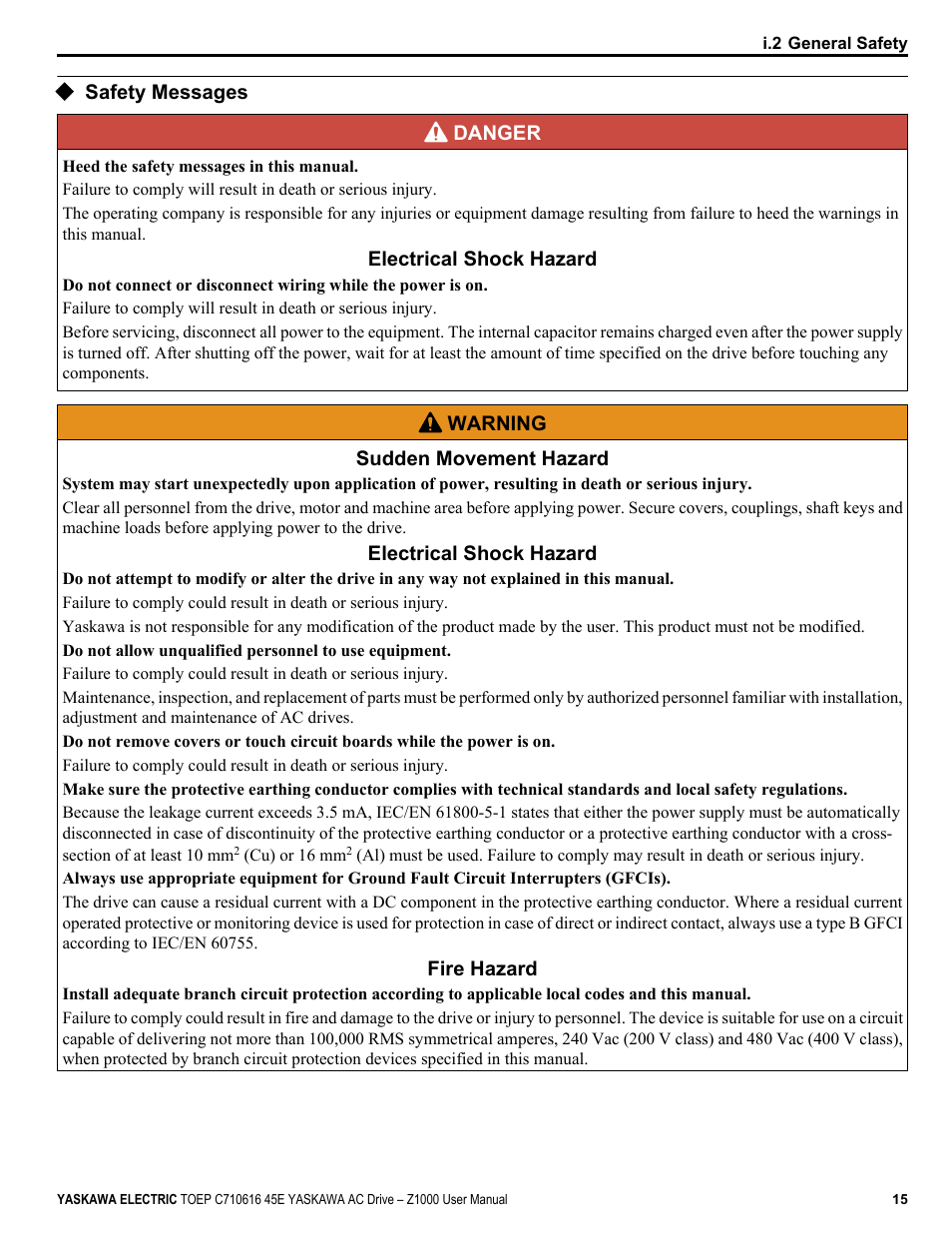 Safety messages | Yaskawa AC Drive Z1000 User Manual | Page 15 / 395