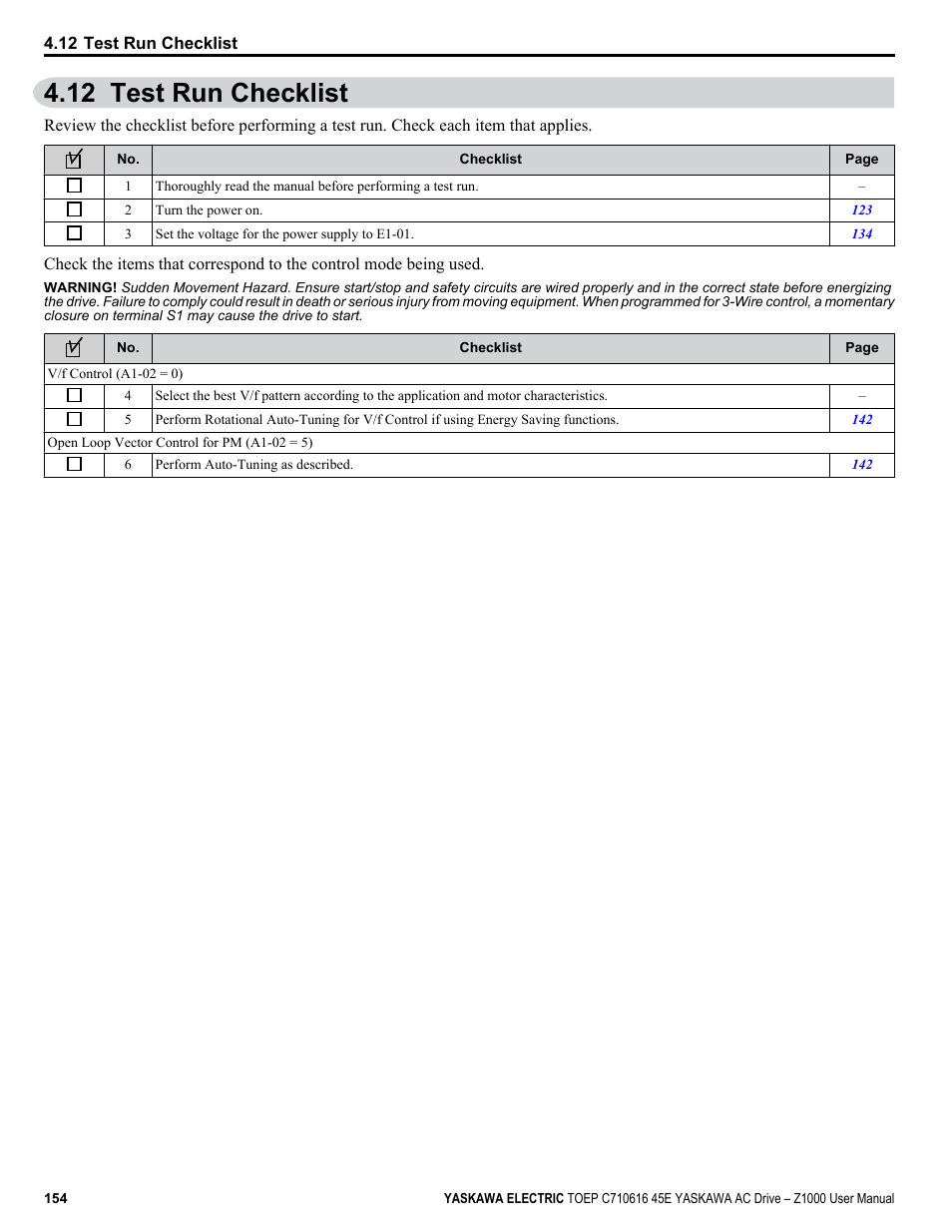 12 test run checklist | Yaskawa AC Drive Z1000 User Manual | Page 154 / 395