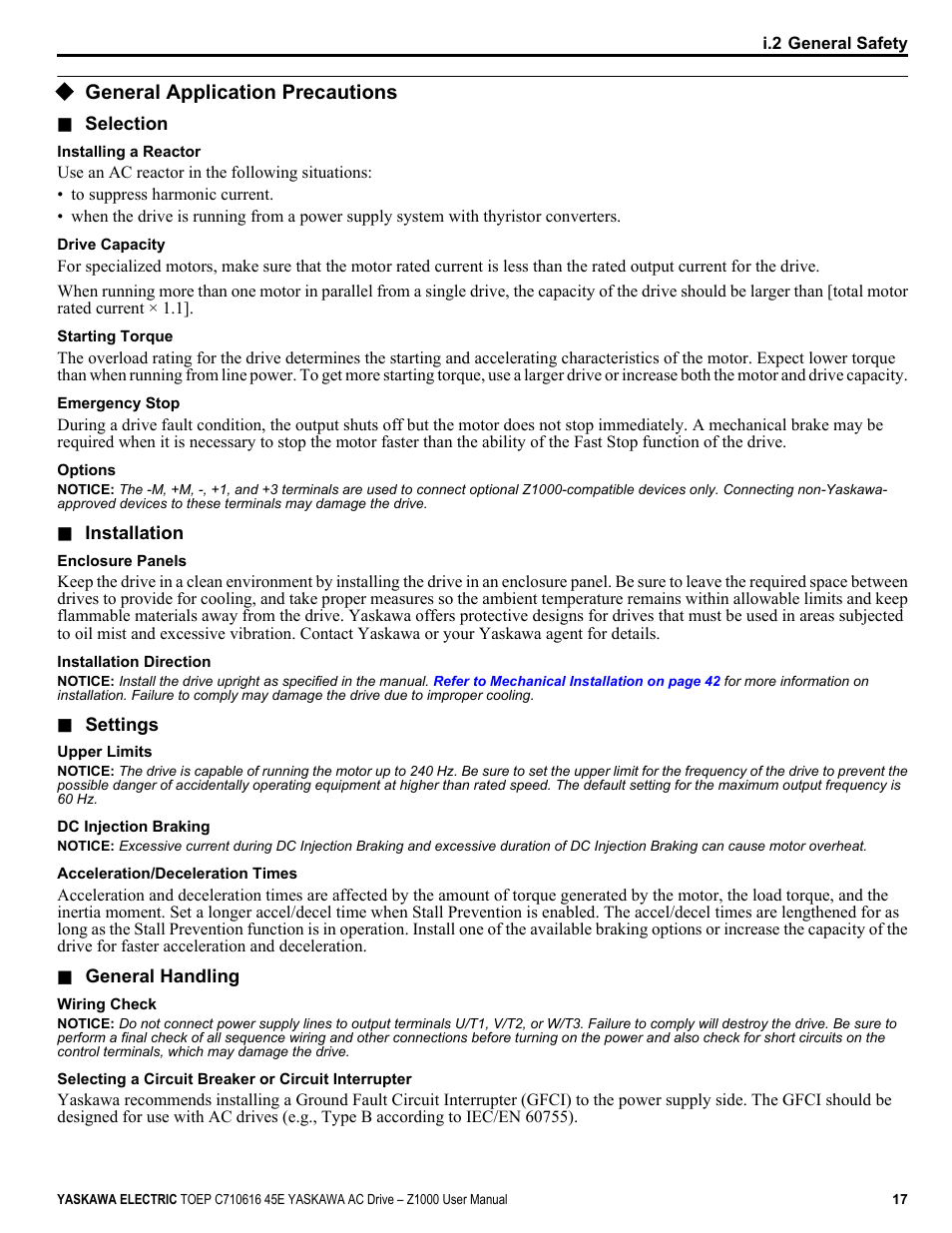 General application precautions | Yaskawa AC Drive Z1000 User Manual | Page 17 / 395