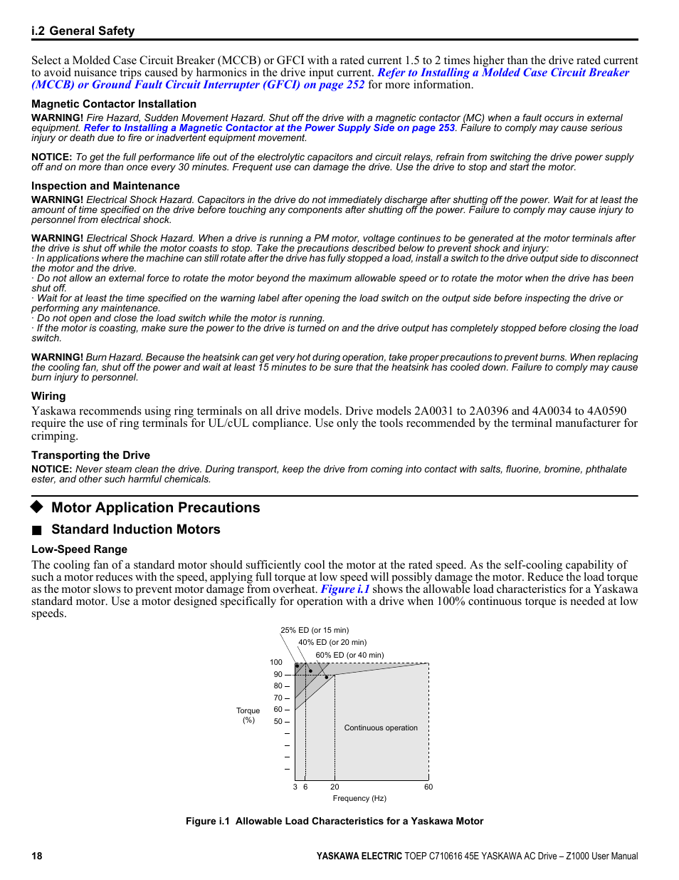 Motor application precautions, Standard induction motors | Yaskawa AC Drive Z1000 User Manual | Page 18 / 395