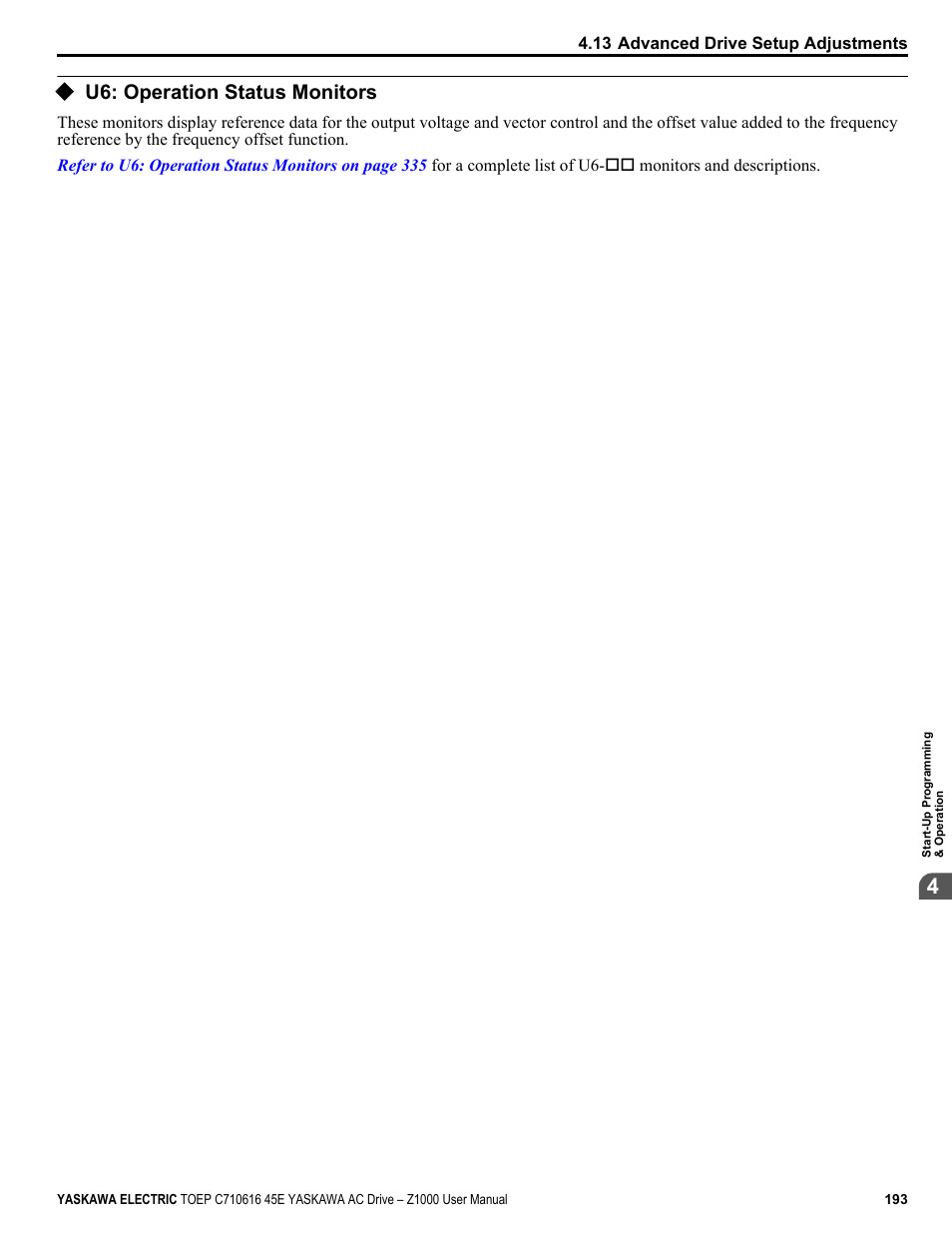 U6: operation status monitors | Yaskawa AC Drive Z1000 User Manual | Page 193 / 395